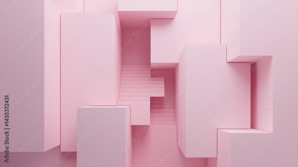 Poster a 3d rendering of a pink cube with a staircase leading to the top.