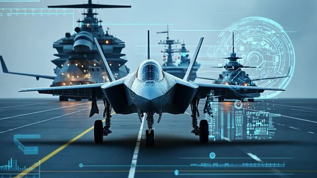F 35 jet on aircraft carrier deck with digital overlay