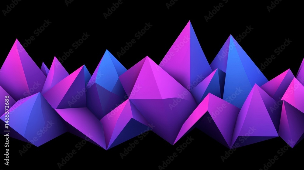 Poster a 3d rendering of a series of interconnected pyramids in various shades of purple and blue.