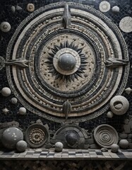 Fototapeta premium An elegant clock crafted from polished stone and intricate marble, featuring ornate hour and minute hands, set against a textured, natural stone backdrop.