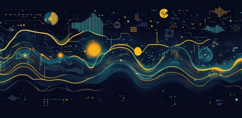 Obraz premium futuristic technology background with yellow lines, circuit board elements, sound waves on dark blue background. future tech concept. digital tech innovation and a data connection system for web desig