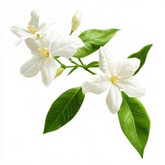 Delicate Branch of  Fragrant,  Freshly Blossomed  White  Orange Jessamine Flowers with Lush, Vibrant Green Leaves Against a Pristine White Background