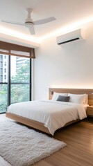 Fototapeta premium Modern bedroom with city view, bright interior