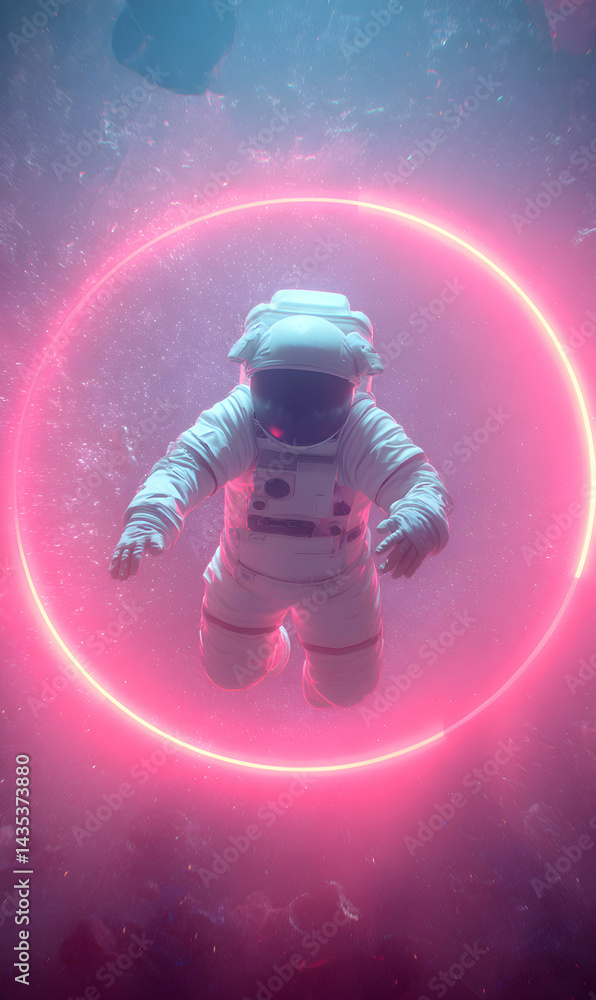 Poster astronaut floating within a luminous pink ring, surrounded by an ethereal cosmic ambience, creating 