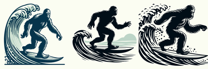 Bigfoot wave Surfing. Sasquatch cartoon clipart. Colossal creature ride on ocean swell an improbable aquatic adventure.