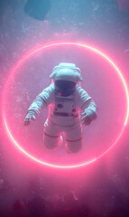 Fototapeta premium Astronaut floating within a luminous pink ring, surrounded by an ethereal cosmic ambience, creating a space wonder
