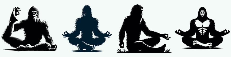 Bigfoot sitting yoga poses. Sasquatch cartoon clipart. meditative asana position image. finding zen moment in nature.