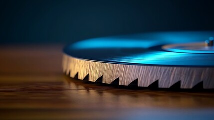 Close-up view of a vinyl record on a wooden surface with soft lighting creating a moody atmosphere