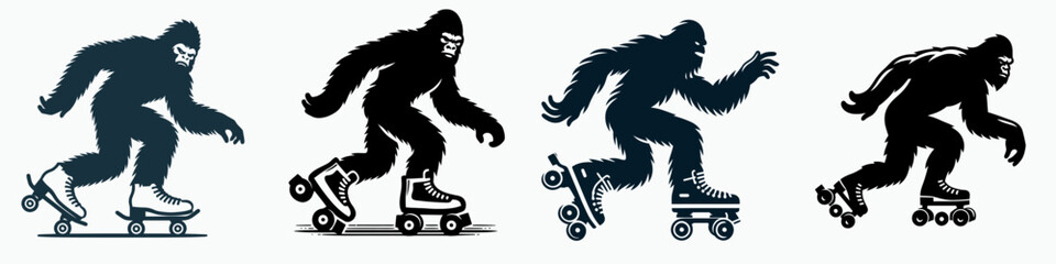 Fototapeta premium Bigfoot play roller skate. Sasquatch cartoon clipart. having fun on quad boot wheeled sport equipment venture amusement.