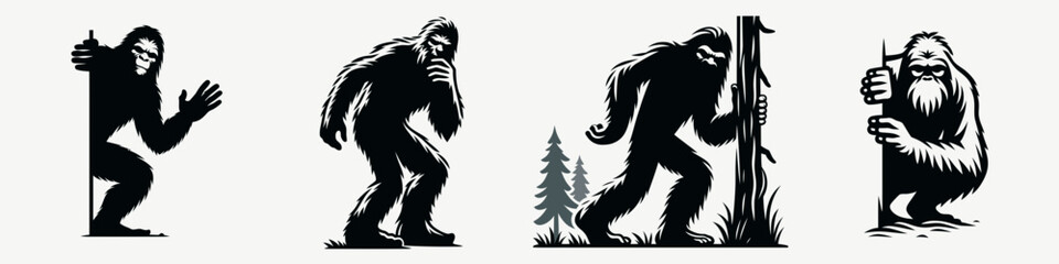 Bigfoot peeking pose. Sasquatch cartoon clipart. peering figure cryptic hominid cryptid forest fauna woodland creature.