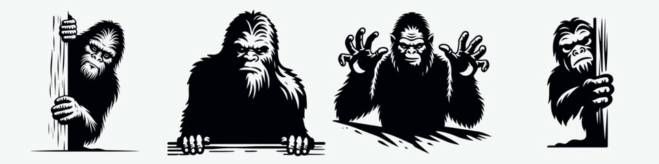 Bigfoot peeking. Sasquatch cartoon clipart. Cryptid observing forest giant lurking glimpse legendary hominid watching.