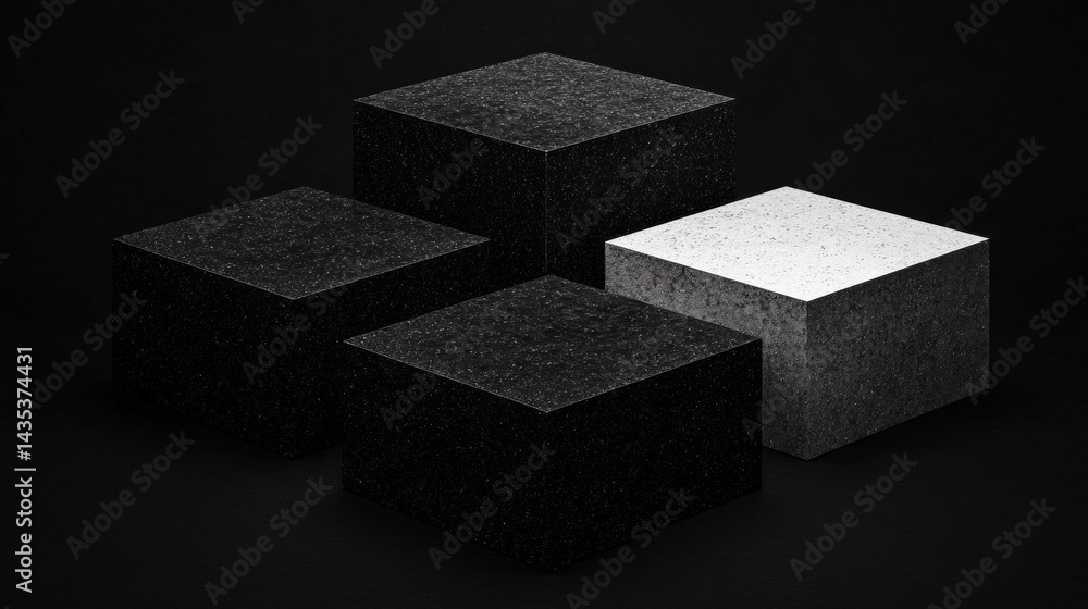Poster four black cubes with varying textures and sizes are arranged in a square formation against a black 