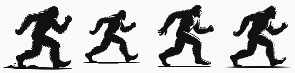 Fototapeta premium Bigfoot jogging. Sasquatch cartoon clipart. Elusive creature ambulatory workout unknown bipedal cryptid enjoying a run.