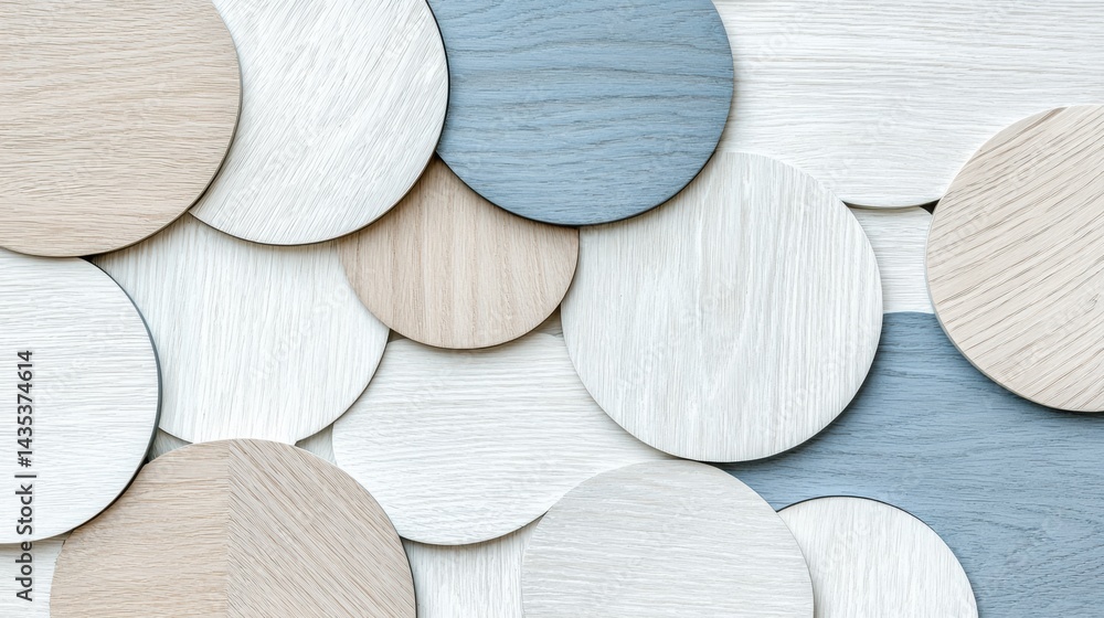 Poster a collection of circular wooden objects with varying wood grain patterns and colors.