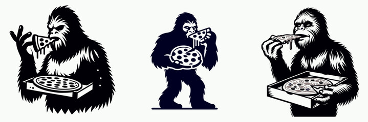 Bigfoot eat pizza. Sasquatch cartoon clipart. Hairy hominid devour flatbread round with topping. urban legend enjoys pie.
