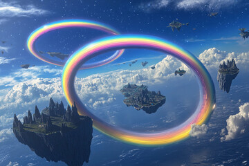 Obraz premium Vibrant rainbow arches over floating islands in a surreal fantasy landscape with a celestial backdrop