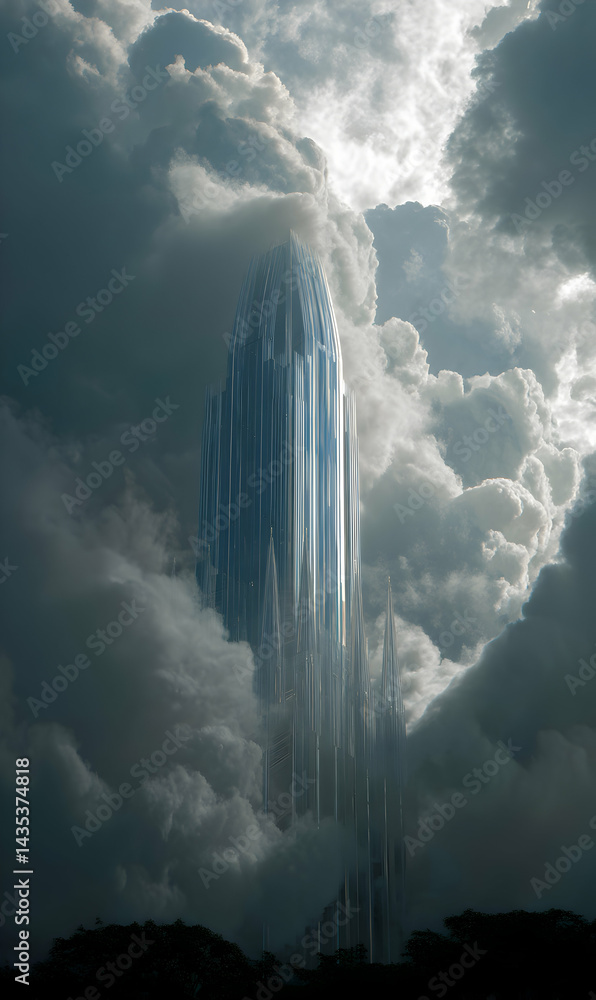 Poster towering structure piercing the sky, shrouded in ethereal clouds creating a dreamlike atmosphere and