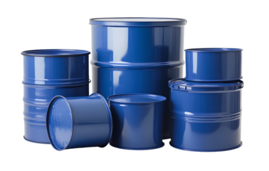 Blue plastic drum, group of different sizes, transparent backgrounnd