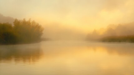 The river and trees in the misty golden morning sunrise