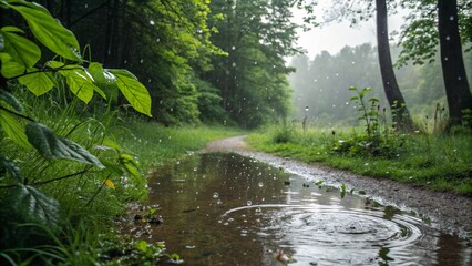 Obraz premium Show nature embracing rain: droplets on leaves, muddy trails, reflections in puddles.