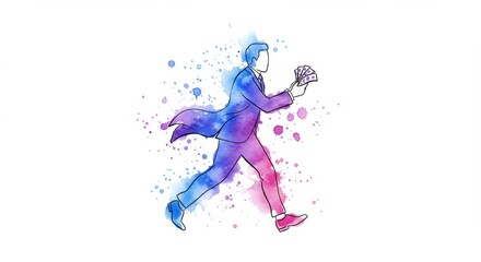 Dynamic watercolor illustration of a banker sprinting with money in hand