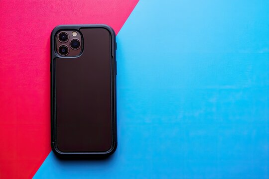 Dark phone case on vibrant background  A dark, rectangular case for a modern smartphone sits atop a vibrant red and blue background The case is a matte black color, with a visible camera lens array