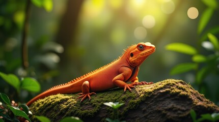 Obraz premium Vibrant Orange Lizard Resting on Mossy Log Amidst Lush Greenery in the Forest
