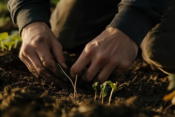 Close-up of Hands Gently Placing Tender Seedlings into the Rich Dark Earth of a Sustainable Home Garden