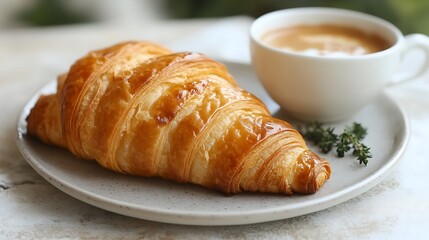 Buttery croissant & latte art coffee on a plate