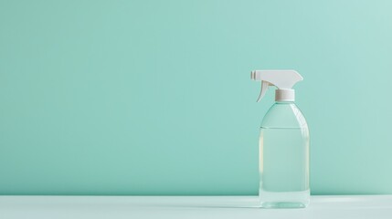 A clear plastic spray bottle filled with liquid stands against a soft teal background, emphasizing simplicity and cleanliness.