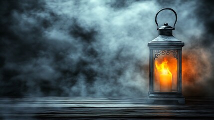 Lantern with candlelight, smoke, and wood.