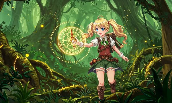 Animated Pixel Art Girl In Forest Casting Magic With Sparkling Light Effects And Green Trees Background