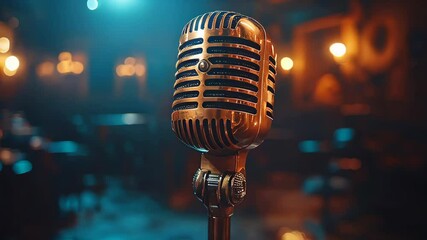A vintage microphone sits on a stand, awaiting talented performers at a lively music venue. Dim lights create an intimate atmosphere for memorable evenings filled with music.