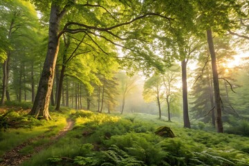 Fototapeta premium Serene Forest Scene with Lush Greenery, Golden Morning Light, and Dappled Forest Floor