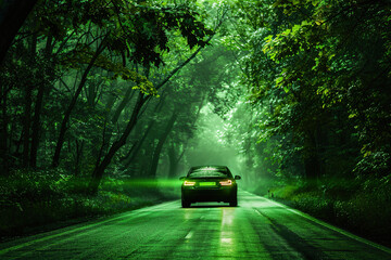 Power source for charging battery of beautiful hybrid electric car on road, abstract vivid composition consists of fictional unreal fantastic vision on background