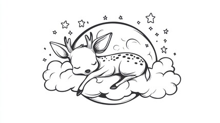 Cute deer sleeping on moon cloud, whimsical graphic design