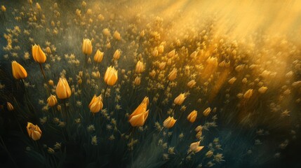 Naklejka premium Golden Tulip Petals Floating over a meadow . Misty Background