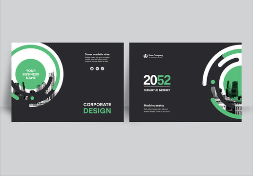 Business report cover design in green and black geometric layout : Corporate landscape template with modern abstract shapes and cityscape elements.
