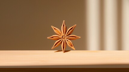 star anise on wooden background, bright sunlight 