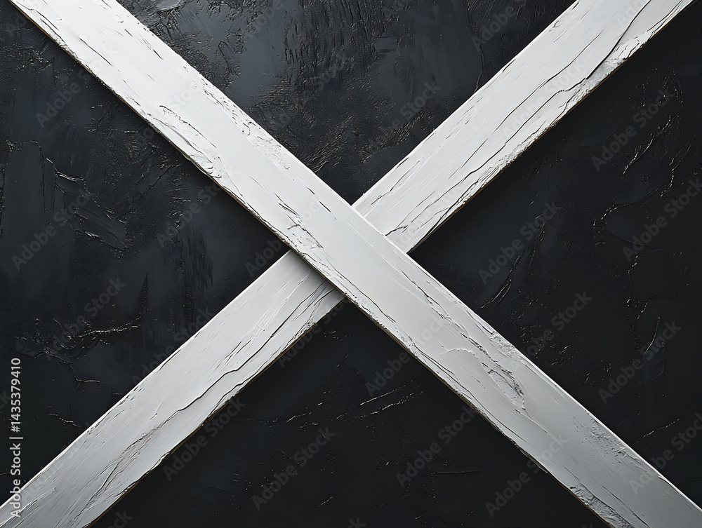 Poster minimalist abstract with two intersecting white lines on a black background, geometric and stark
