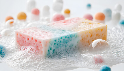 Soap bar with foam on white background, close-up
