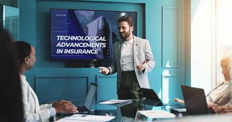 Businessman, meeting and presentation with screen for AI, future development or discussion at...