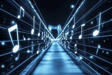 Musical bridge illuminated with shining notes creating a harmonious atmosphere at night