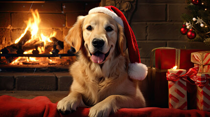 Adorable Smiling Dog Wearing Santa Hat Sitting in Front of Cozy Fireplace in Festive Holiday Setting