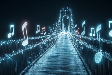 Musical bridge illuminated with shining notes creating a harmonious atmosphere at night