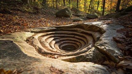 A natural rock formation with a hollow center, surrounded by fallen leaves and set against a backdrop of trees.