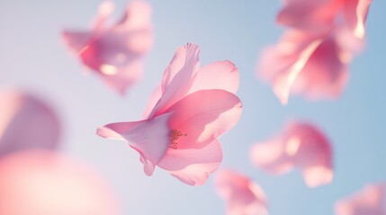 Fototapeta premium Pink Camellia Petals Dancing in a Soft Spring Breeze . Falling Background