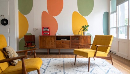 ミッドセンチュリー風グラフィック壁紙の部屋