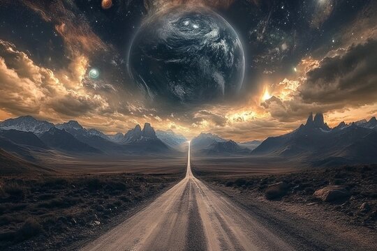 Magical road leads through a cosmic landscape toward distant planets in a starry night sky
