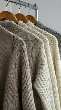Cozy sweaters on wooden hangers in minimalist wardrobe display